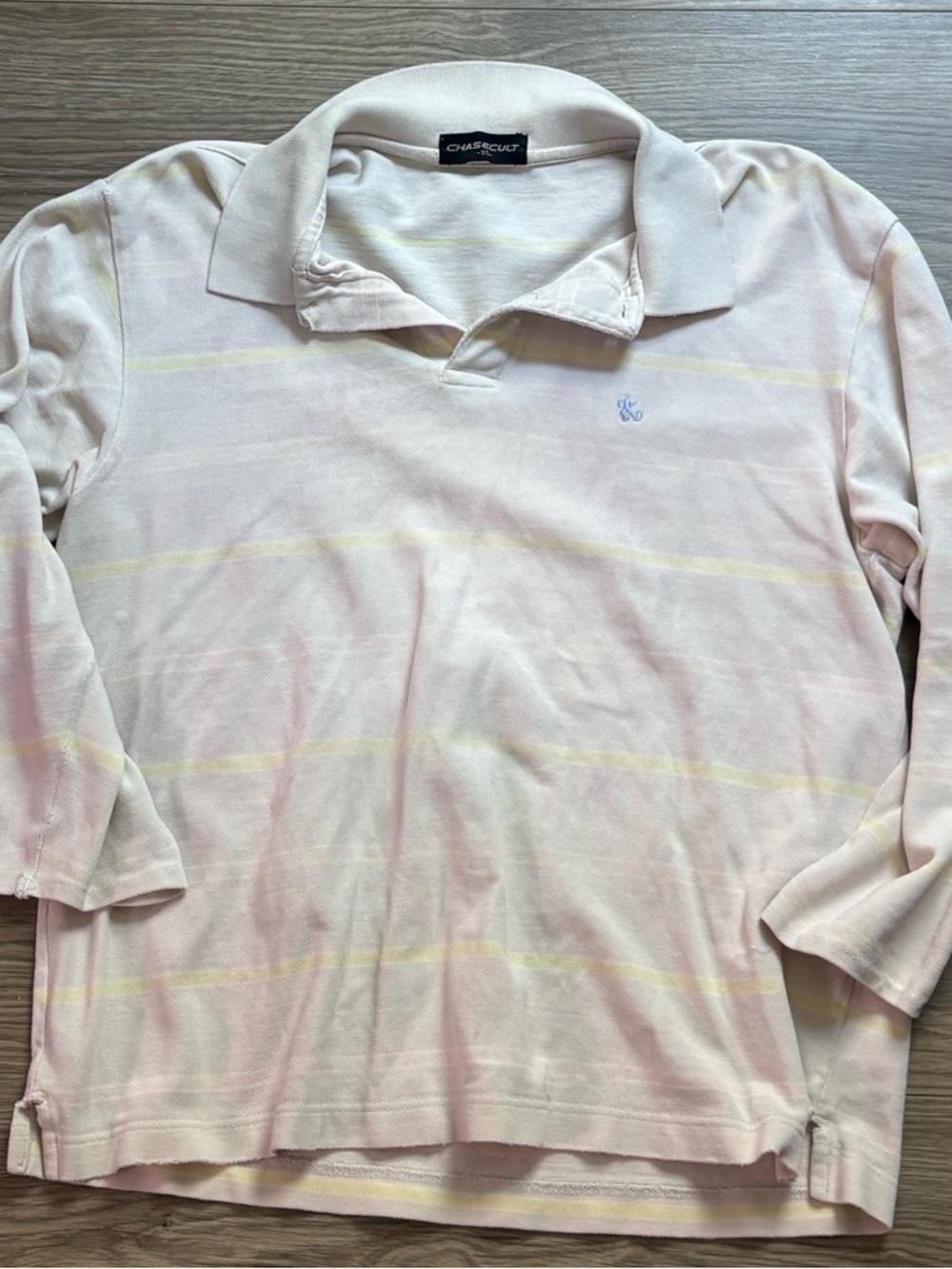 Chaps Men's Light Pink Polo with Pale Yellow Stripes